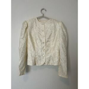 Gunne Sax Ivory Button Front Floral Lace Puff Sleeve Blazer Vintage *TINY FLAW